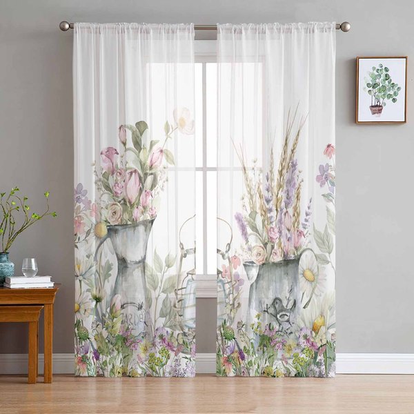 Plantas Flores Acuarela JarróN Cortinas Transparentes Para DecoracióN De Sala De Estar Cortinas De Ventana Cocina Tul Voile Organza Cortinas W135 X H115Cm X1-image