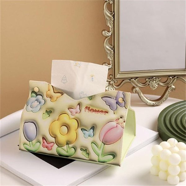 Caja De PañUelos De Cuero Con Estampado De Flores Ins, Servilletero, Caja De PañUelos Para El Coche, Caja De PañUelos Para El Hogar, Sala De Estar, Caja De CartóN Para Hotel, Almacenamiento Para El Hogar-image