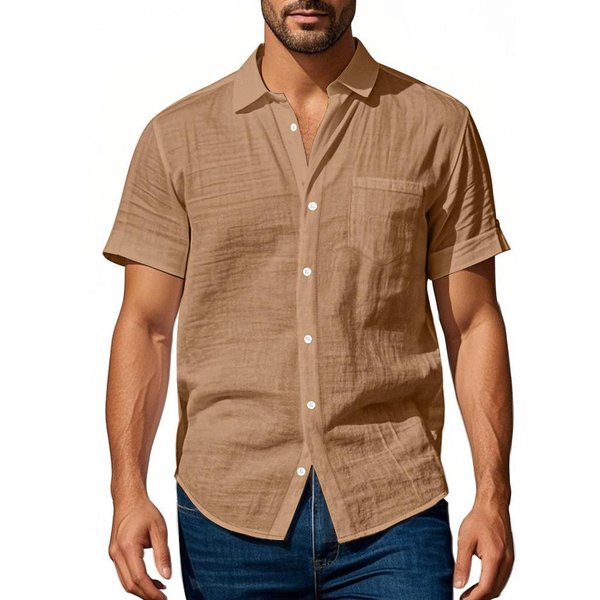 Camisa Casual De Lino Para Hombre, Corte Relajado, Cuello Henley, Manga Corta Xxxl-image