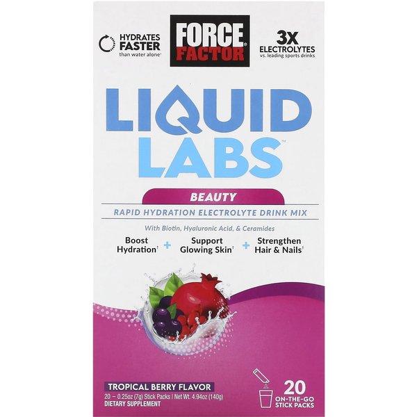 Force Factor, Liquid Labs Beauty, Bebida De Electrolitos De HidratacióN RáPida, Sabor A Frutos Del Bosque, 20 Sobres, 0,25 Oz (7 G) Cada-image