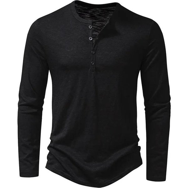 Camiseta Con Botones De AlgodóN Para Hombre Camisa Con Cuello Henley Camisetas Casuales De Manga Larga De Color SóLido XL Negro-image