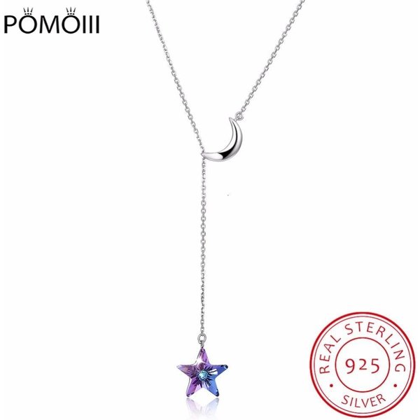 Cristales De Collares De Cadena Larga Colgantes Plata De Ley 925 Real Luna Estrella Collares Para Mujeres Regalos JoyeríA Fina White-image