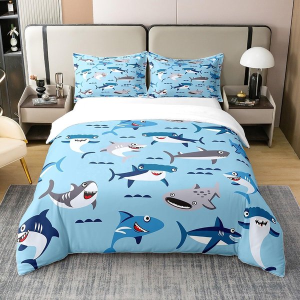 Juego De Funda NóRdica De TiburóN TamañO Individual NiñOs NiñOs Ropa De Cama De TiburóN Mar OcéAno Estampado Animal Juego De Funda NóRdica, Juego De Funda NóRdica Todas Las Estaciones 140X200Cm-3Pcs-image