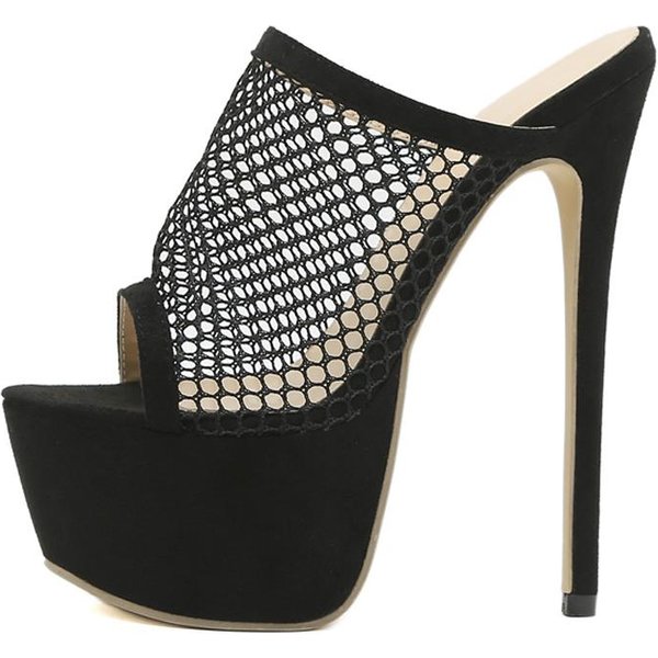 Liyke Nuevas Sandalias De Plataforma Peep Toe Zapatillas Negras De Malla Sandalias De Verano Moda Slip On Mules Para Mujer Zapatos De Fiesta Stripper 35 Negro-image
