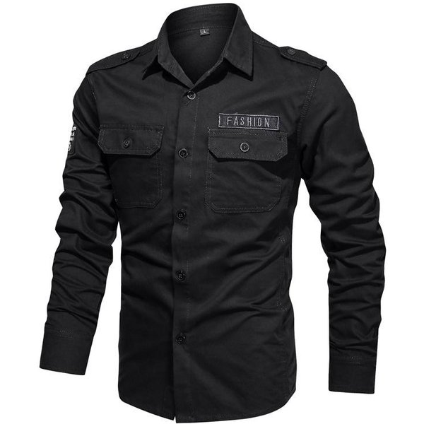 Primavera Y OtoñO Nueva Camisa Militar Casual Para Hombre Camisa De AlgodóN De Manga Larga Talla Grande Camisa De Hombre M Black-image