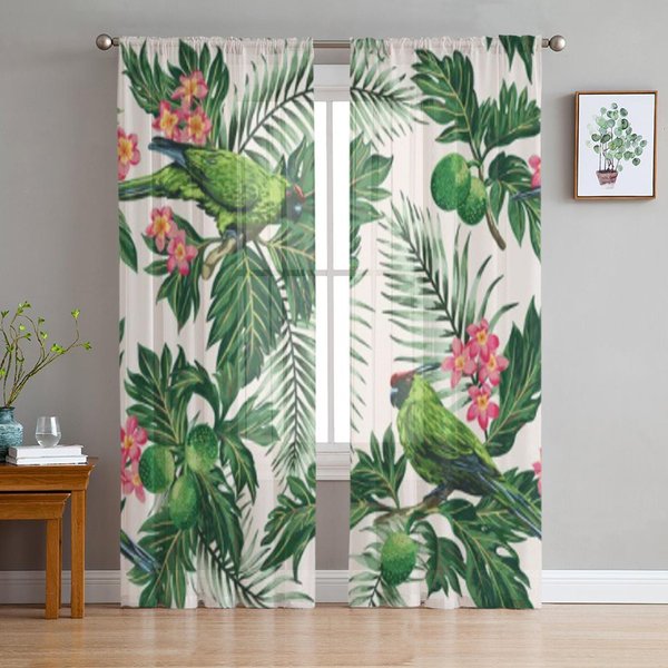 Cortinas Transparentes Con Hojas Tropicales ExóTicas Para Sala De Estar, Dormitorio, Cortinas De Voile Para Ventana, Cortinas De Organza, Cortinas De Tul Para Fiestas. 135W X 114H(Cm) Gray-image
