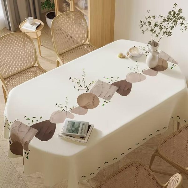 Owalny ProstokąTny Uniwersalny Stół Wodoodporny Obrus Odporny Na Olej Pokrowiec Na Stół Z PVC Pokrowiec Na Stół Jadalny Kawiarnia Dekoracja śLubna 140X220Cm Beige-image