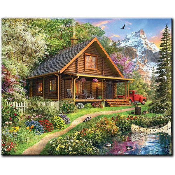 Diy Pintura De Diamante CabañA De MontañA Lago Paisaje Bordado De Diamantes Punto De Cruz Taladro Redondo Completo 20X30CM-image