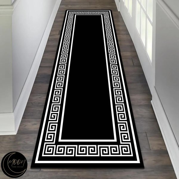 Luksusowy Dywanik Graficzny Z Greckim Kluczem Czarno-BiałY Nadruk Mata Do Przedpokoju AntypośLizgowy Dywanik Powitalny Do Korytarza Kuchni Sypialni 50X150Cm-Felt-image