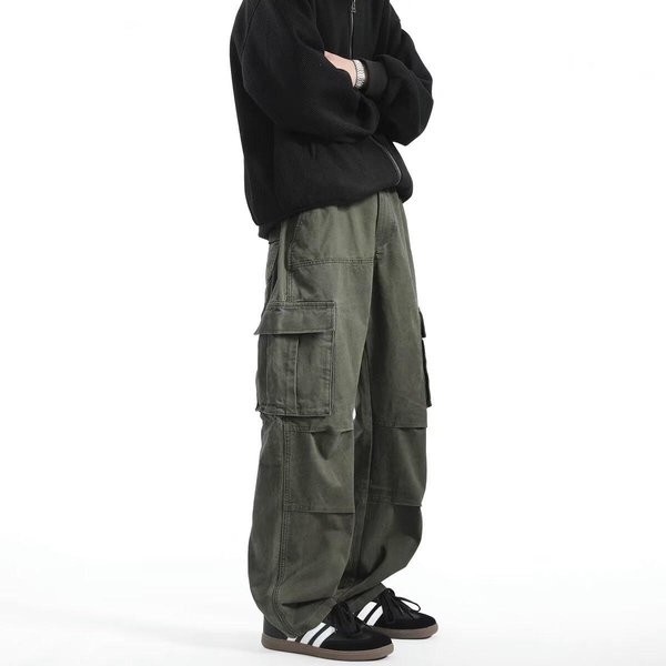 Pantalones De Trabajo Para Hombre Primavera Y OtoñO Nuevos Estilo Retro Americano Multibolsillos Atractivos Holgados Rectos Casuales 3XL Verde-image