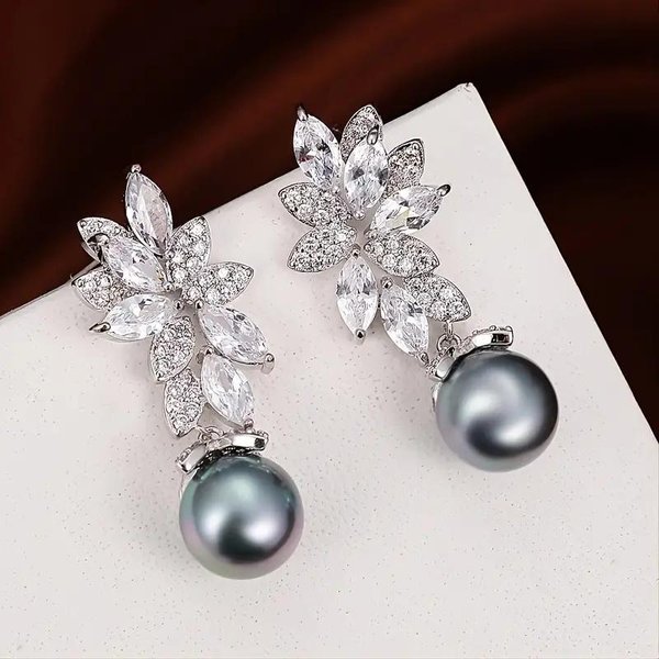 Pendientes Colgantes Huitan De Perlas De ImitacióN Multicolor Con DiseñO De Hoja, Pendientes EstéTicos Para Mujer, Deslumbrantes Pendientes De Circonita CúBica, JoyeríA De Lujo Moderna Gray-image