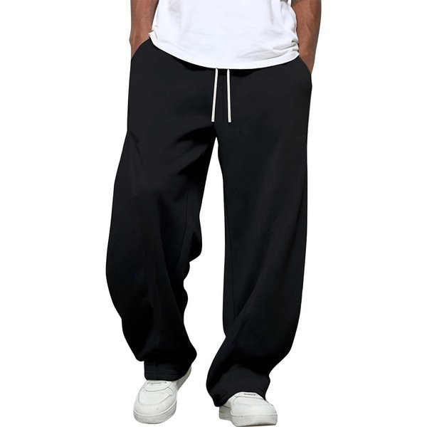 Pantalones De CháNdal Anchos Para Hombre, Ajuste Holgado, Cintura Con CordóN, Pantalones Casuales Holgados, Pantalones Relajados Para El Uso Diario S Negro-image