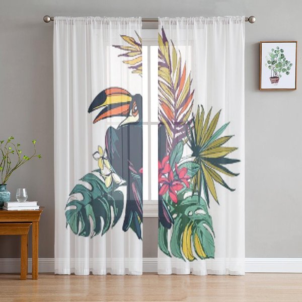 Floral Tropical Playa Hojas De Palma Flores Tropicales TucáN Cortinas TraslúCidas Sala De Estar Cortina De Tul Para Ventana Dormitorio Cocina Cortinas 135W X 114H(Cm) White-image