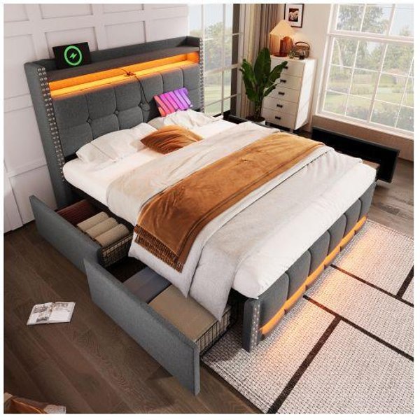 Cama Tapizada - Muvoe - 140X200 Cm - IluminacióN Led - Toma Usb - 4 Cajones De Almacenamiento-image