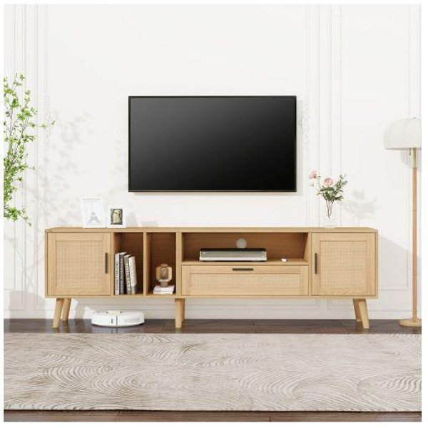 Mueble De Tv - Muvoe - 180 Cm - 2 Puertas De RatáN - 1 CajóN - Madera Maciza-image