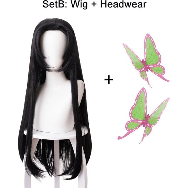 Kochou Kanae Peruka Anime Kimetsu No Yaiba Cosplay Syntetyczne Czarne DłUgie WłOsy Nakrycie GłOwy Motyl Halloween Rekwizyty Cos One Size-image