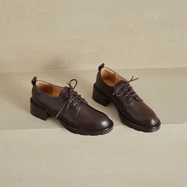 Krazing Pot Piel De Oveja Punta Redonda TacóN Medio Con Cordones Zapatos De Primavera OtoñO Talla Grande 41 Oxford Zapatos De SalóN Para Mujer 39 MarróN-image