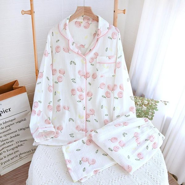 Conjunto De Pijama Estampado De Primavera Y Verano Para Mujer 100% AlgodóN Fino De Manga Larga De Dos Piezas Fresco Y Dulce CáRdigan 2XL Blanco-image