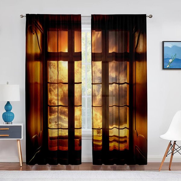 Playa Mar OcéAno Palmera Ventanas Paisaje Cortinas TraslúCidas Para Sala De Estar Cocina Ventanas De Tul Cortinas Voile Para DecoracióN De Dormitorio 1 PCS W100Xh250Cm&Grommet Top-image