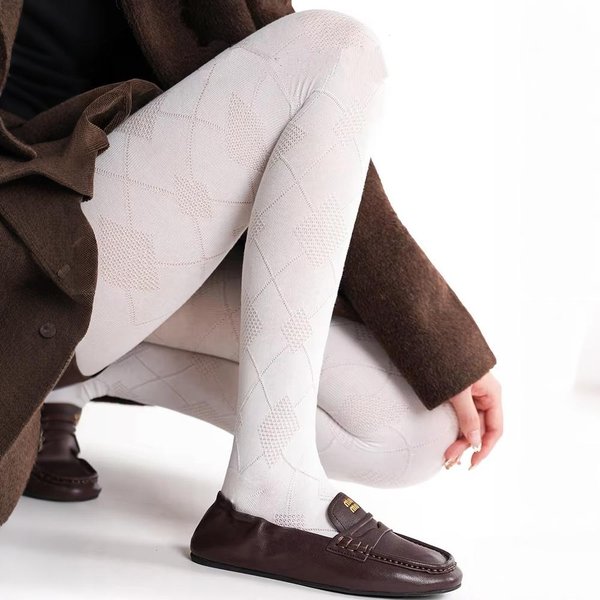 Wzorzyste Rajstopy W Romby Vintage BawełNiane Rajstopy Damskie Jesień Zima OddychająCe WyszczuplająCe Legginsy Jednokolorowe KryjąCe PońCzochy One Size Gray-image