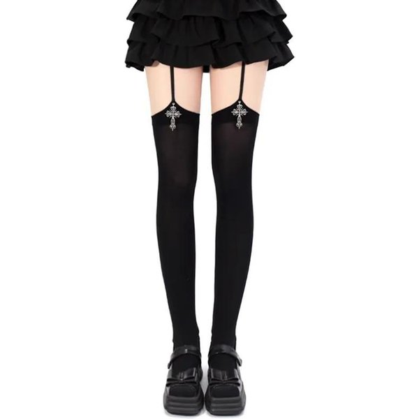 1/2 Pary Y2K PońCzochy Z KrzyżEm Damskie PońCzochy JapońSka Lolita Cosplay PońCzochy Za Kolano Seksowne Rajstopy DziewczęCe Gotyckie 3D Koronkowe Rajstopy One Size Beige-image