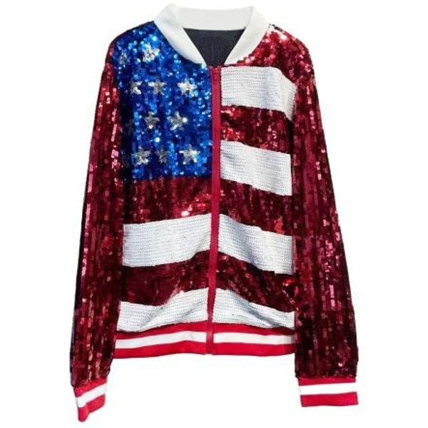 Chaqueta De Lentejuelas Para Mujer U.S.. Bandera Rojo Azul Blanco Brillo Abrigo Con Cremallera Casual Manga Larga Bloque De Color Sudadera Top S White-image