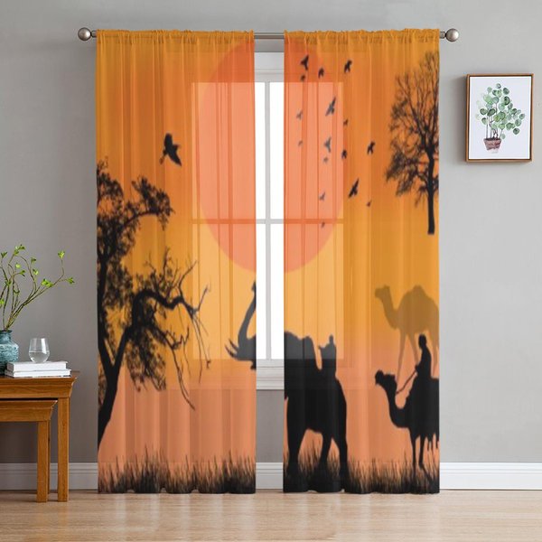 AfrykańSkie Safari Z WielbłąDami I SłOniem O Zachodzie SłOńCa Tiulowe Przezroczyste ZasłOny Do Dekoracji Salonu Kuchni Woal Organza ZasłOny 135W X 114H(Cm) Orange-image