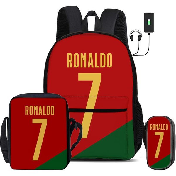Ronaldo Juego De 3 Piezas Mochilas Escolares Mochila Con Interfaz USB CR Estrella De FúTbol Bolso De Hombro Deporte De FúTbol Estuche Para LáPices Mochila Para NiñOs-image