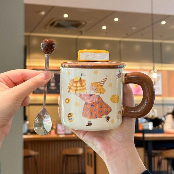 Taza De Pastel Croissant Fufu De Leche Con Tapa Cuchara NiñOs Y NiñAs Pareja Taza De CeráMica Taza Para Café Leche Regalo De CumpleañOs 301-400Ml Brown-image