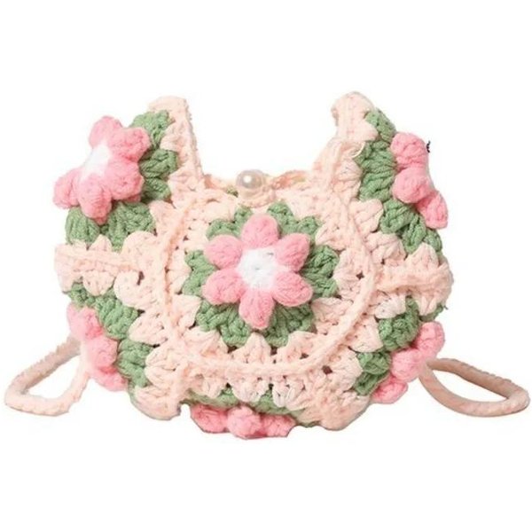 Bolso Bandolera Dulce Hecho A Mano De Ganchillo PatróN De Flores Hilo De Tela Bolso De Hombro Bolso De Axila Tejido Color Rosa-image