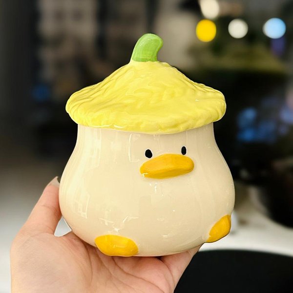 Taza Con Forma De Pato Linda De Dibujos Animados Con Tapa Taza De Agua De CeráMica Linda Taza De Café Creativa De Oficina Souvenir 400Ml-image