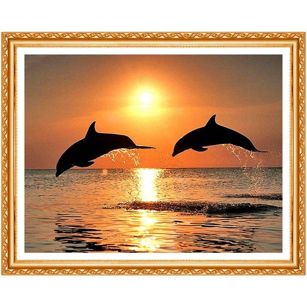 Pintura De Diamantes Bordado DelfíN Diamante Redondo Completo Punto De Cruz Atardecer Agua Pintura DelfíN 20X30CM-image