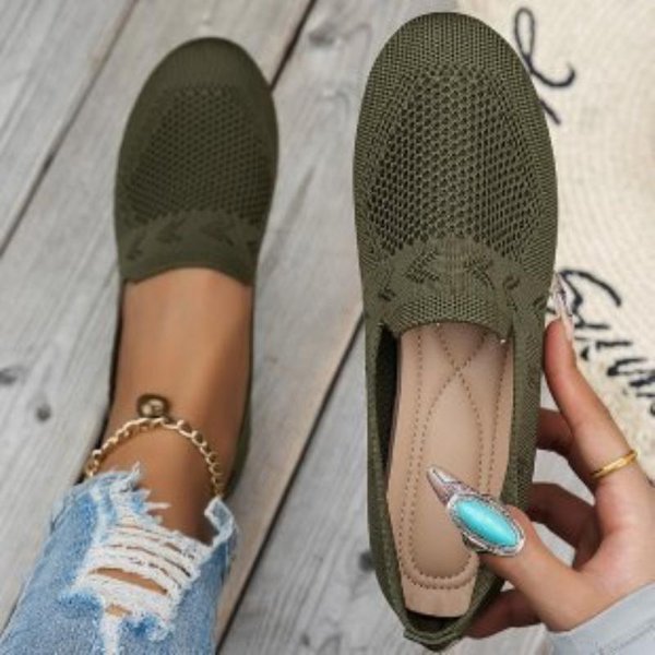 PłAskie OkrąGłE Noski Dzianinowe Buty, Damskie Jednokolorowe Wsuwane Buty Do Chodzenia Z Siateczki, OddychająCe Obuwie Codzienne 38 Zielony-image