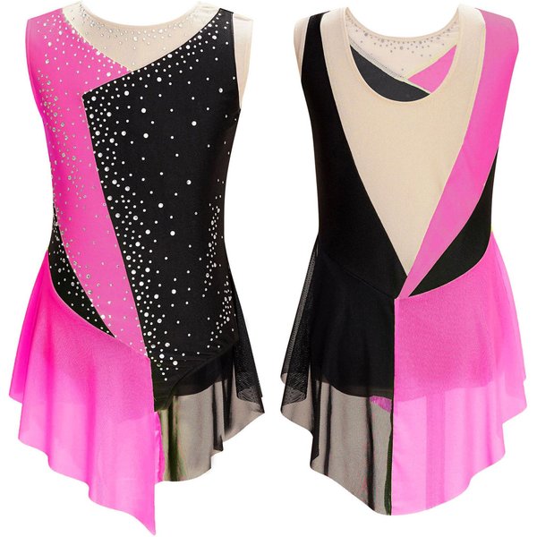 DziecięCe DziewczęCe łYżWiarstwo Figurowe Sukienka Trykotowa BłYszcząCa Rhinestone Przezroczysta Siateczka Sukienki Bez RęKawóW Na Balet Liryczny Taniec Gimnastyka 7-8 Years GorąCy RóżOwy Kolor-image