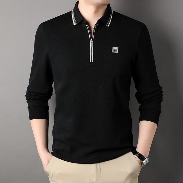 Camiseta De Manga Larga Para Hombre De Primavera Y OtoñO Nueva Moda Para JóVenes Y Mediana Edad Camiseta Con Cremallera De AlgodóN Camiseta BáSica Ropa Casual Para Hombre 4XL Black-image