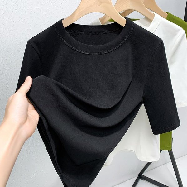Camiseta De Manga Corta Para Mujer Verano Nueva Camiseta De AlgodóN Para Mujer Cuello Redondo Simple Color Liso Top Ajustado A La Cintura XL Negro-image