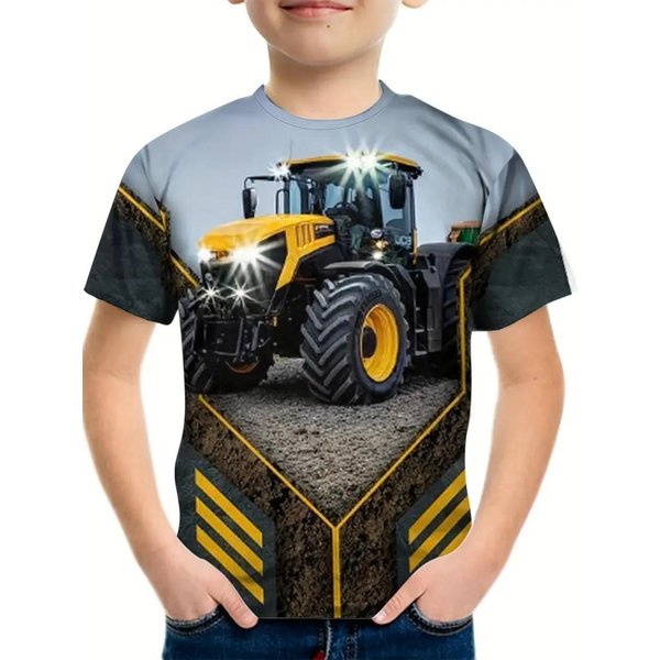 Fajna Koszulka ChłOpięCa Z Nadrukiem Traktora 3D Odzież DziecięCa T-Shirt KróTki RęKaw Modna Letnia Odzież DziecięCa Odzież Dla Aktywnych Dzieci Na ZewnąTrz 120 Black-image