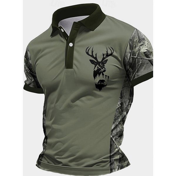 MęSka Koszulka Polo Z KróTkim RęKawem, Casualowa, Outdoorowa, Z Grafiką Dzikiego Jelenia. XXL Gray-image