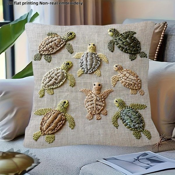 Funda De Almohada Bordada No Real De Tortuga Impresa Plana 2D Para DecoracióN Acogedora, CojíN De Sofá, DecoracióN Del Hogar, ImpresióN 2D 50X50Cm-image