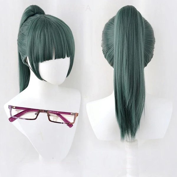 Wysokiej JakośCi Peruka Do Cosplayu Maki Zenin Jujutsu Kaisen 60Cm Ciemnozielona Odporna Na CiepłO Syntetyczne WłOsy Peruki Do Cosplayu Anime Okulary-image