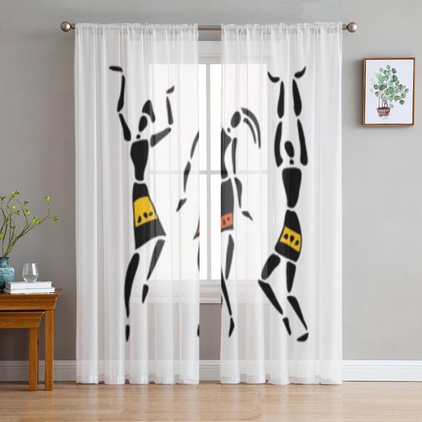 Cortinas Transparentes De Tul Blanco Con Bailarines Africanos Para Sala De Estar La HabitacióN Dormitorio Cocina DecoracióN Cortinas De Voile Organza 135W X 114H(Cm) White-image