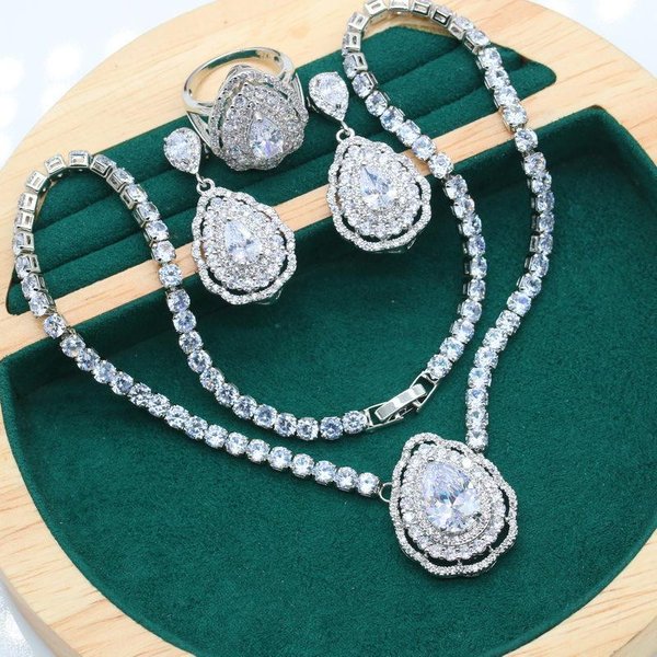 Caliente Anti Alergia En Europa Y Estados Unidos AAA Zirconia CúBica Conjunto De JoyeríA De Collar Pendientes Anillo 10 Yards Gray-image