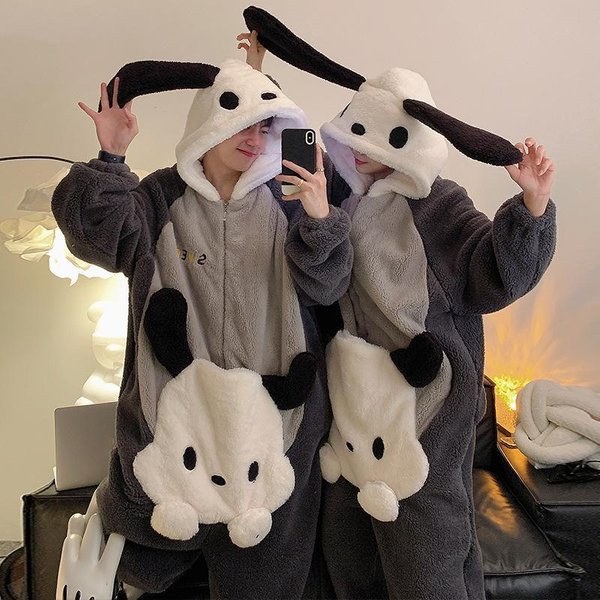 Kobiety MężCzyźNi PiżAma Zimowa CiepłA Bielizna Nocna PiżAma Dla Pary Onesie Gruby Kombinezon ŚLiczny KreskóWkowy Onesie Odzież Domowa L Gray-image