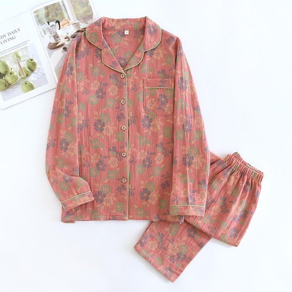 Nuevo Conjunto De Pijama De AlgodóN 100% Para Mujer Primavera Y OtoñO Cuello Camisero Floral Manga Larga Dos Piezas Conjunto Para El Hogar SeñOras XXL Brown-image