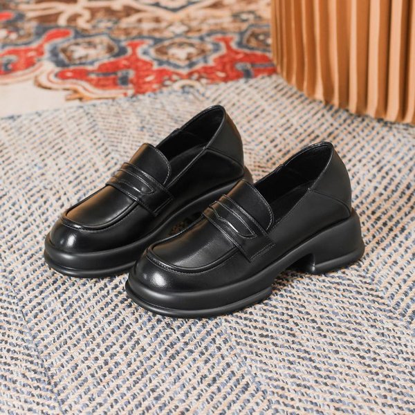 Mocasines De Cuero Suave Con Interior Elevado Para Mujer, Primavera Y OtoñO, Nuevos Zapatos PequeñOs De Cuero, Zapatos Sencillos De Suela Gruesa De Estilo BritáNico Temprano 40 Black-image