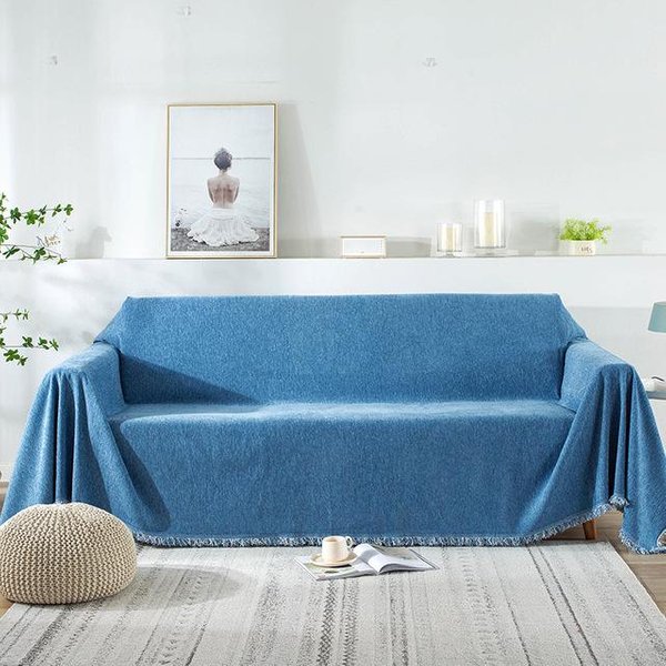 Toalla De Sofá De Chenilla De Color SóLido Universal Para Las Cuatro Estaciones Todo Incluido Anti-ArañAzos De Gato Funda De Sofá Para Sala De Estar Polvo 180X90Cm 1Pcs Azul-image