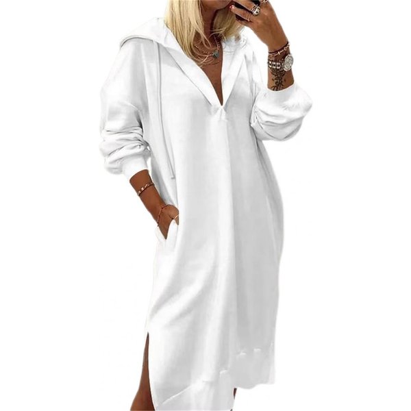 Vestido De Punto Con Capucha Y CordóN Para Mujer, OtoñO E Invierno, Con Abertura Lateral, Holgado, Manga Larga, Color Liso, Con Bolsillos, Hasta La Rodilla, Uso PráCtico L Blanco-image