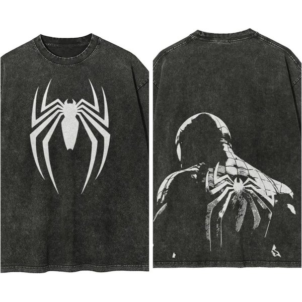 Camiseta Casual De Manga Corta Retro Lavada De Marvel Spider-Man Ropa De Verano Deportiva Popular Para Hombre 3XL Negro-image