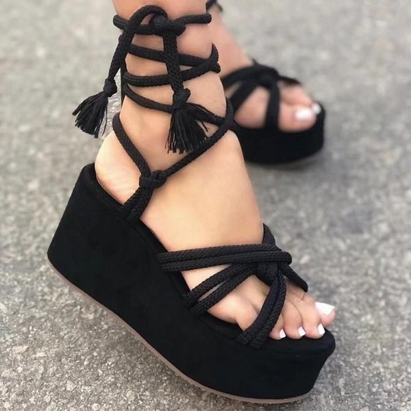 Sandalias De CuñA Con Plataforma De Verano Para Mujer, Sandalias A La Moda Con Punta Redonda Y Lazo Cruzado, Sandalias Con Punta Abierta Y Aumento De Altura De Talla Grande 40-image