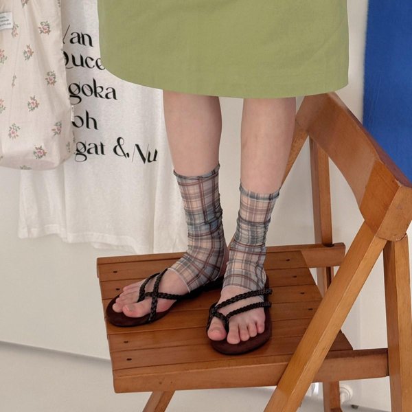 Calentadores De Piernas De Malla A Cuadros Vintage Delgados Transpirables Huecos Calcetines De Tubo Medio Cubre Pies Protector Solar De Verano Calcetines Casuales Para Exteriores One Size Beige-image